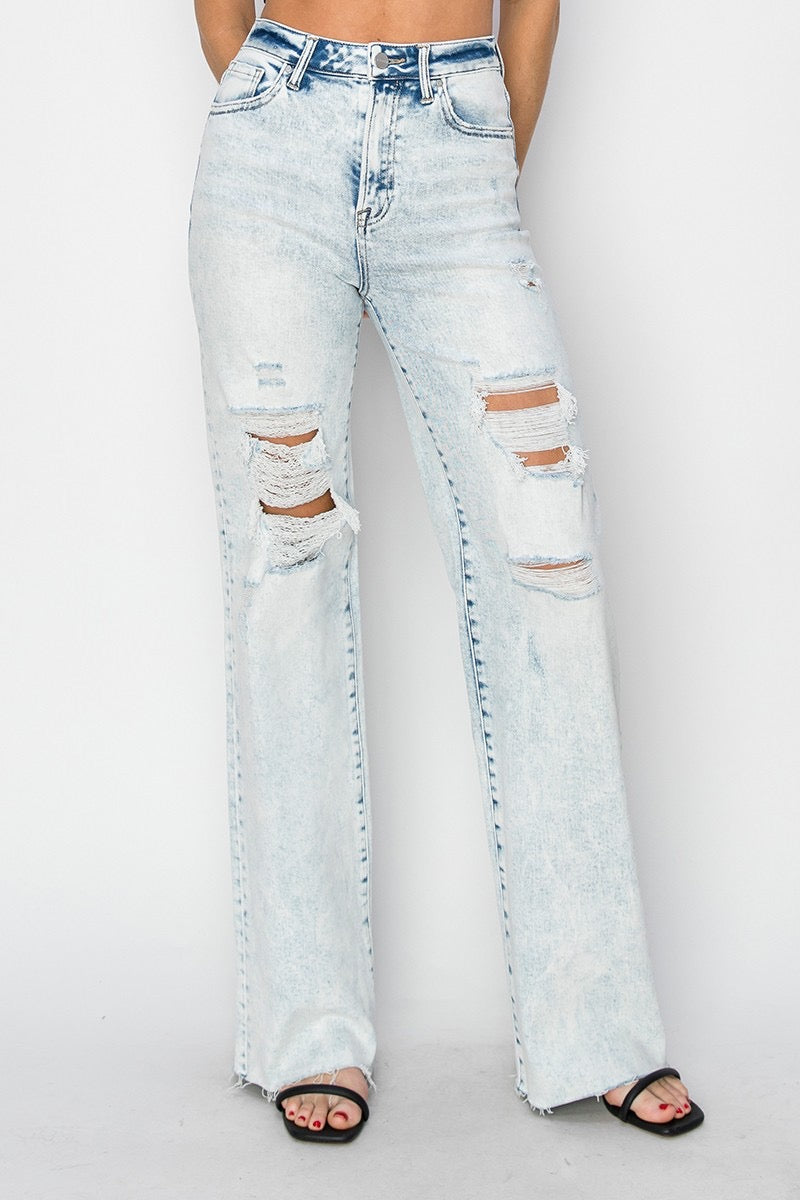 Becca High Rise Distressed Wide Leg Risen Jeans