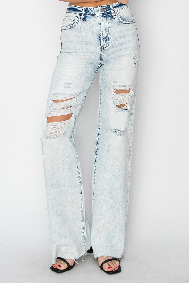 Becca High Rise Distressed Wide Leg Risen Jeans