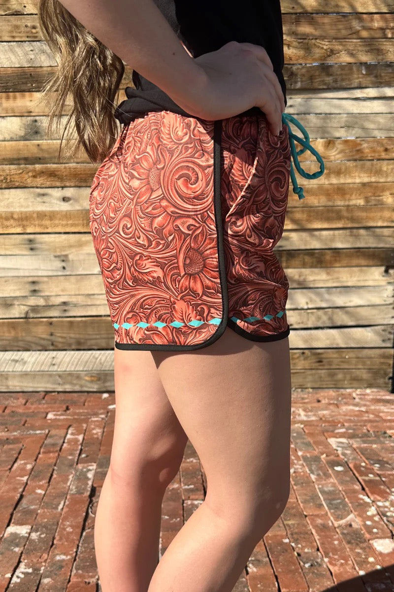 Turquoise-Accented Tooled Pattern Drawstring Shorts