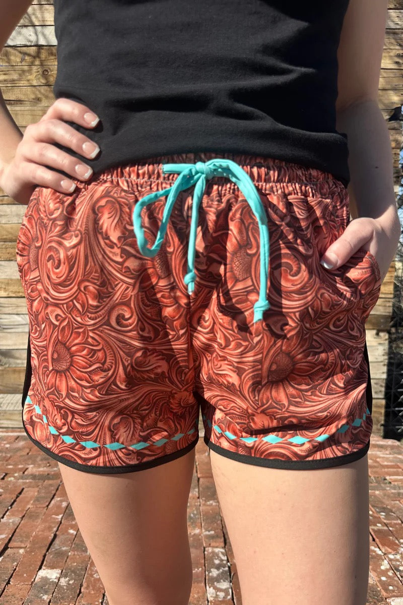 Turquoise-Accented Tooled Pattern Drawstring Shorts