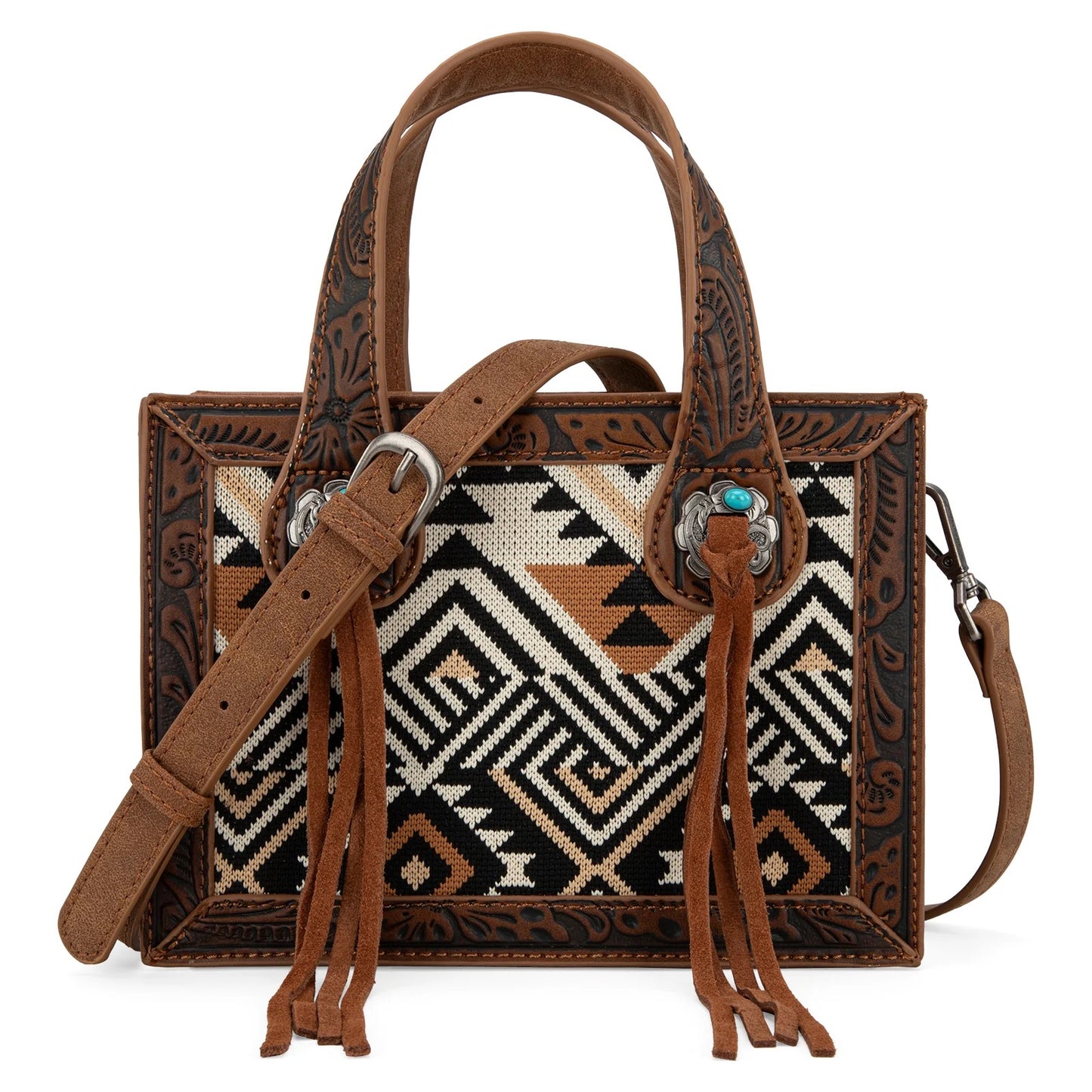 Montana West Southwestern Tapestry Fringe Accented Mini Tote/Crossbody