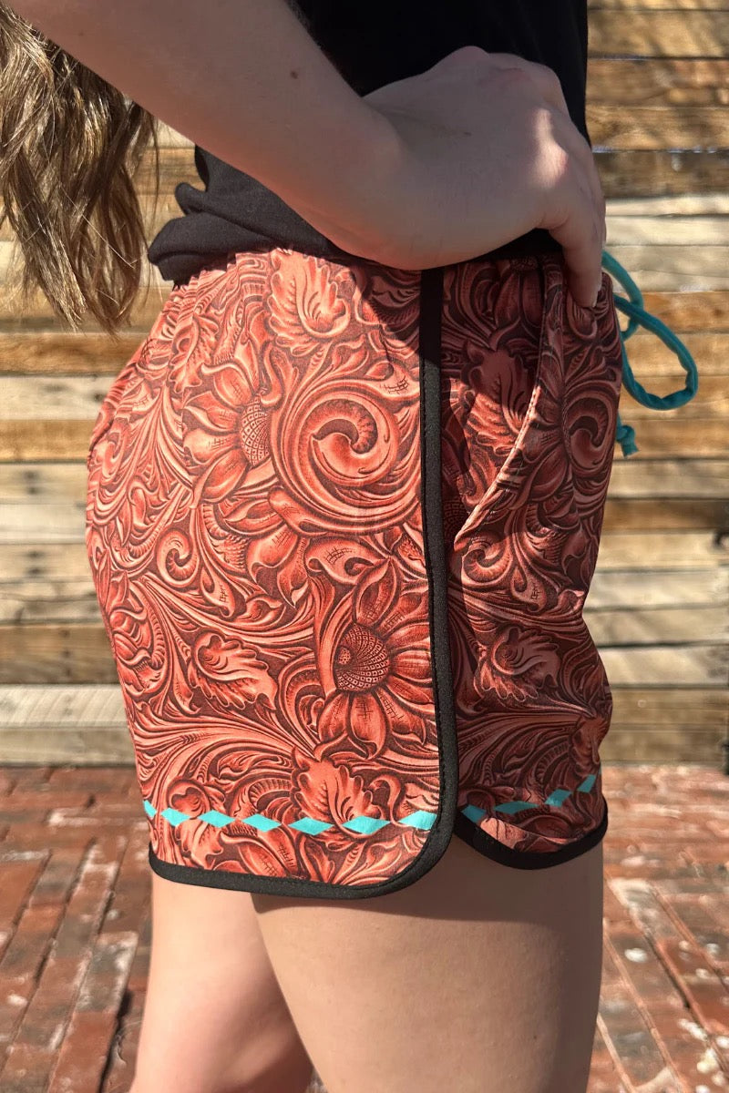 Turquoise-Accented Tooled Pattern Drawstring Shorts