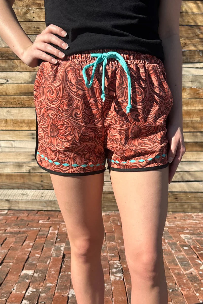 Turquoise-Accented Tooled Pattern Drawstring Shorts