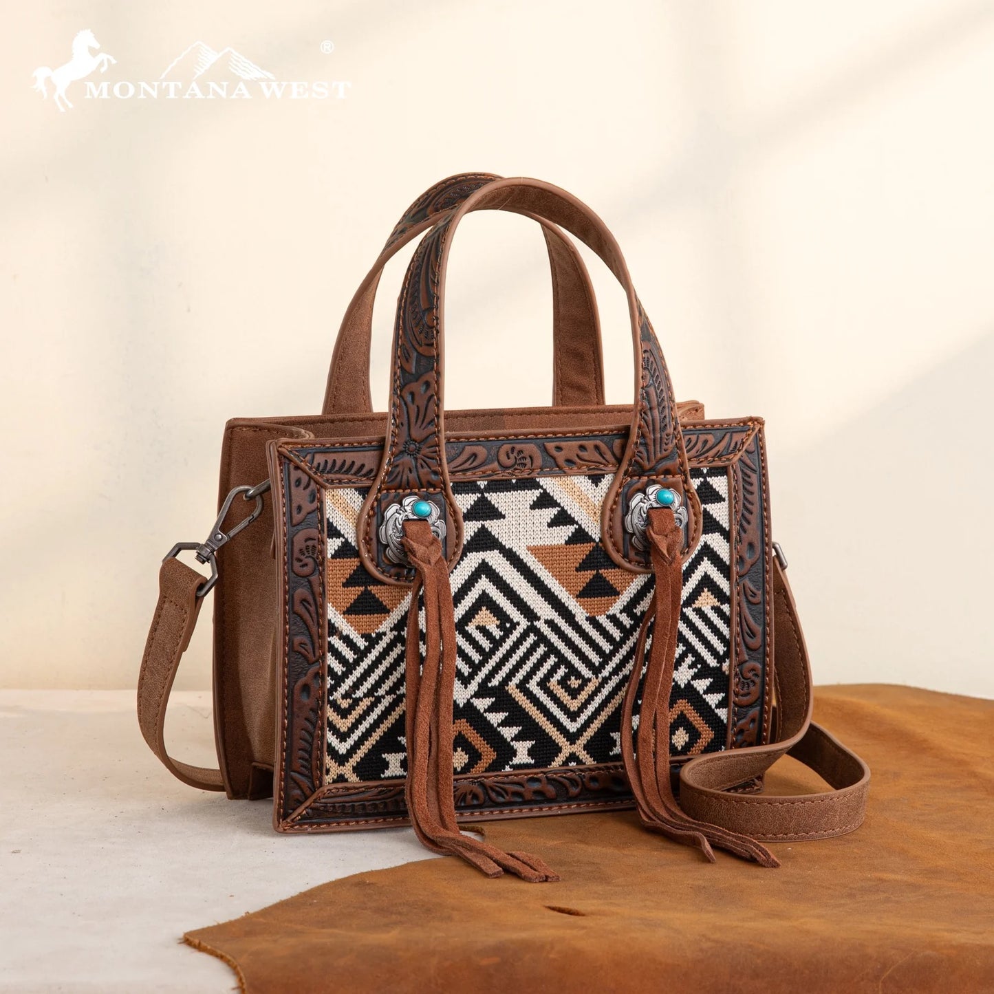 Montana West Southwestern Tapestry Fringe Accented Mini Tote/Crossbody