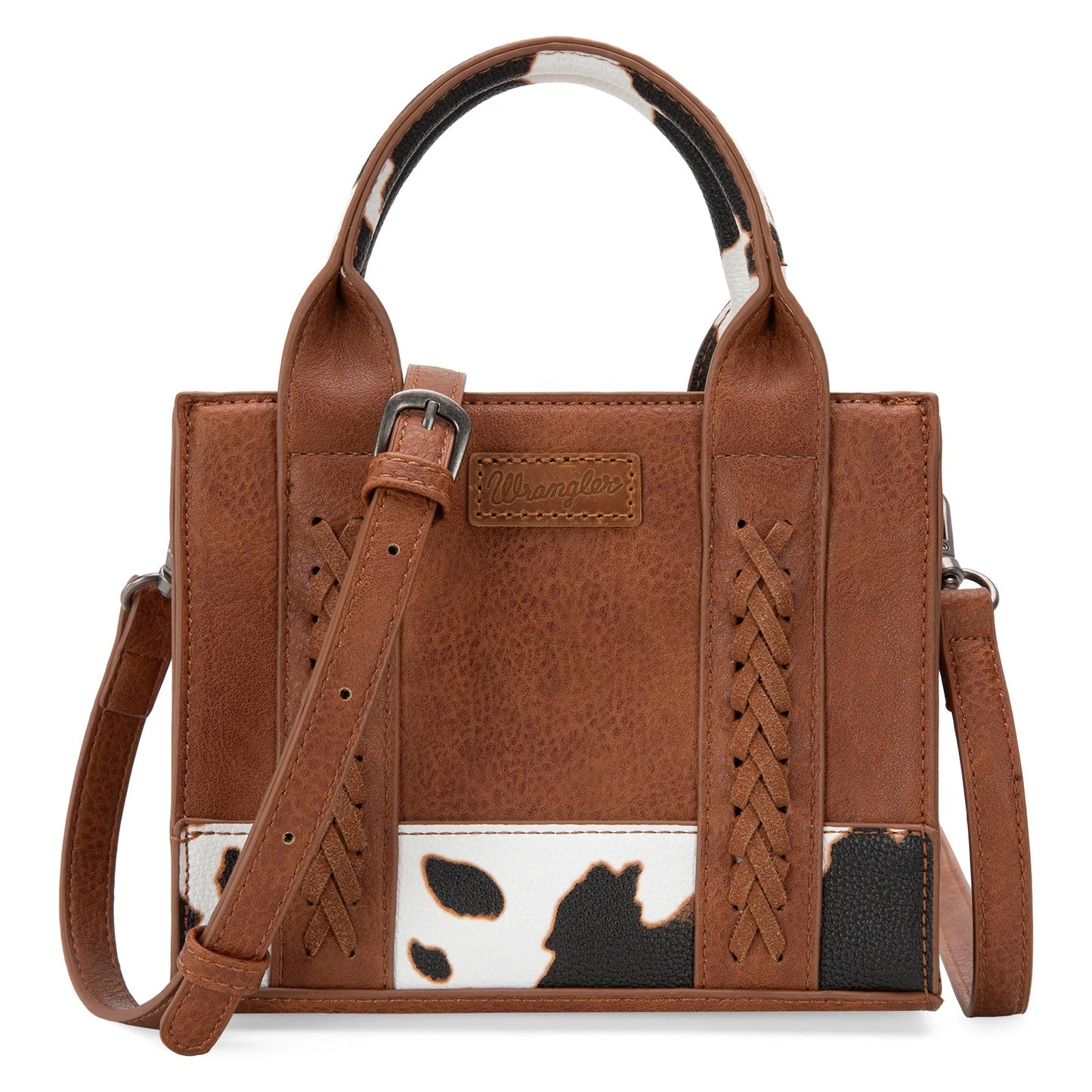 Wrangler Mini Tote Bag with Cow Print and Whipstitch Accents