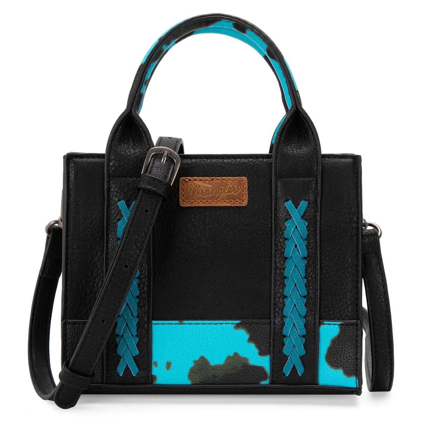 Wrangler Mini Tote Bag with Cow Print and Whipstitch Accents