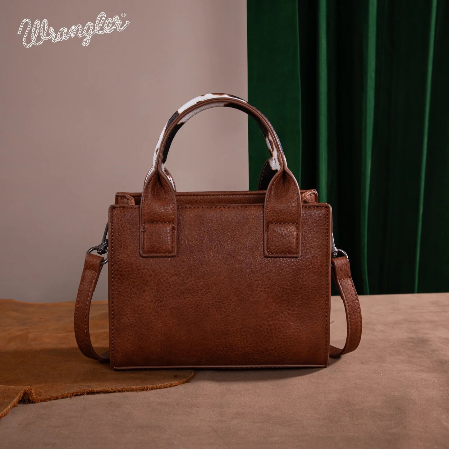 Wrangler Mini Tote Bag with Cow Print and Whipstitch Accents