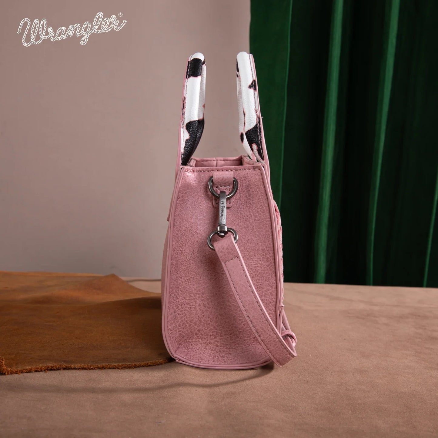 Wrangler Mini Tote Bag with Cow Print and Whipstitch Accents