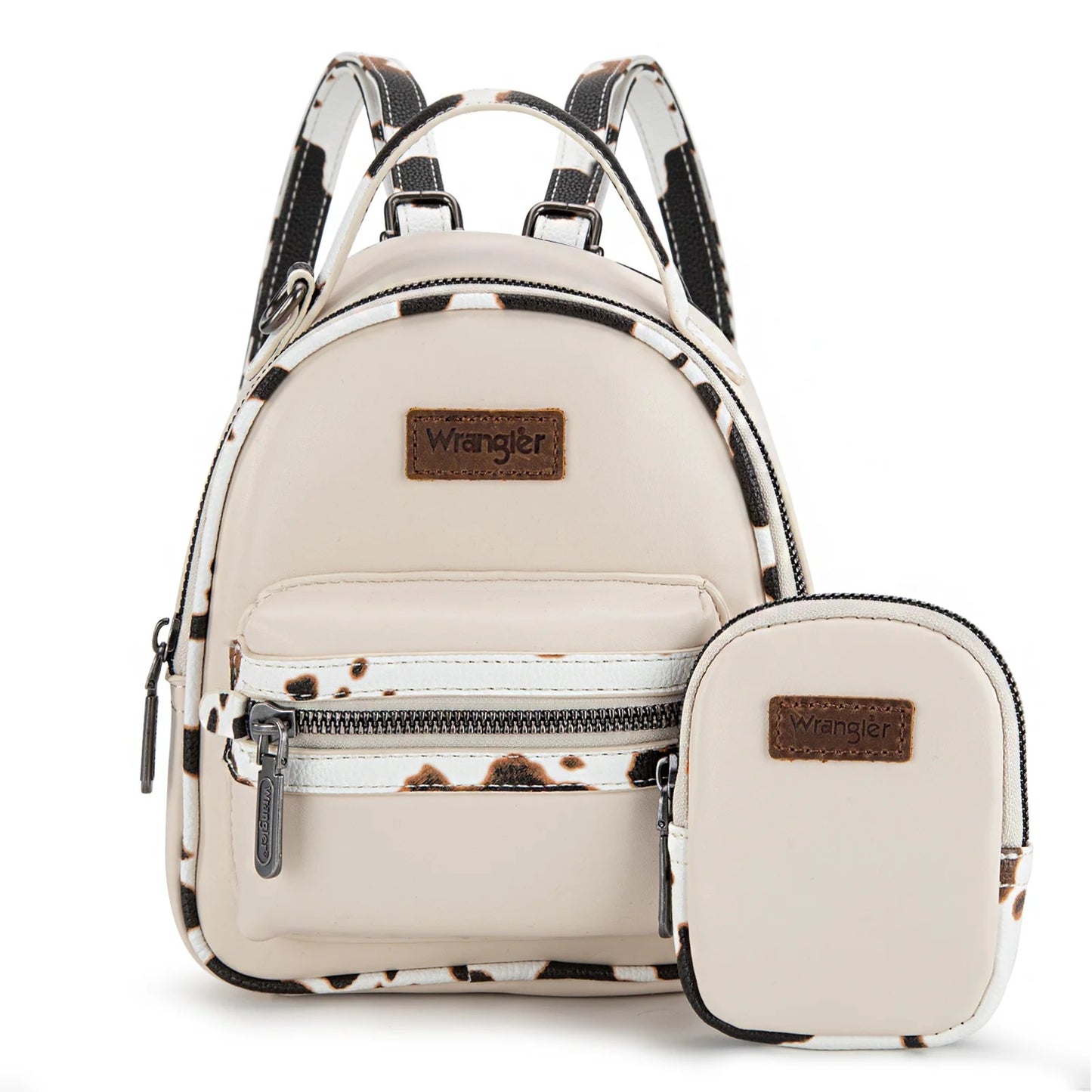 Wrangler Mini Cow Print Accented Backpack – Stylish and Compact Faux Leather Bag with Detachable Coin Purse