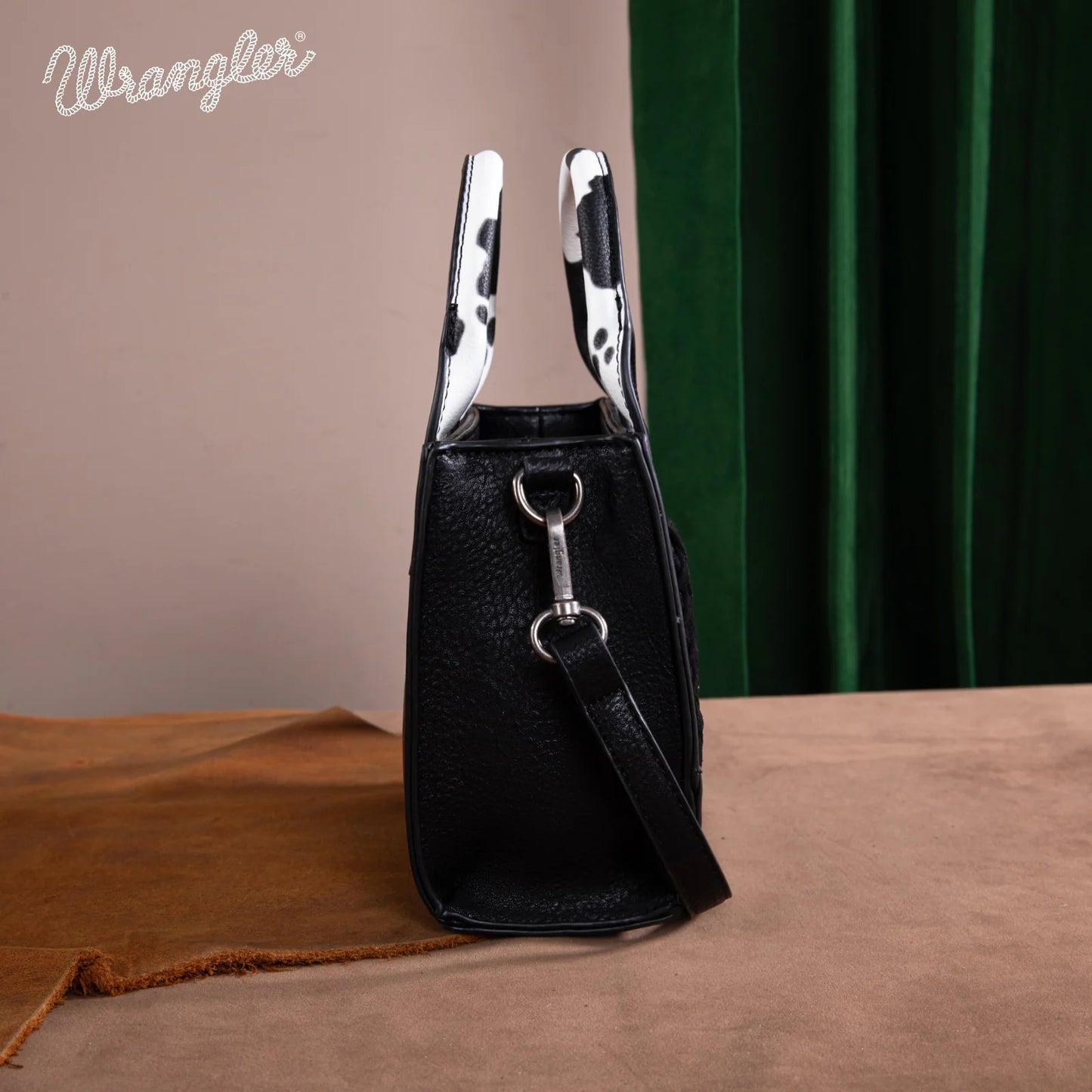 Wrangler Mini Tote Bag with Cow Print and Whipstitch Accents