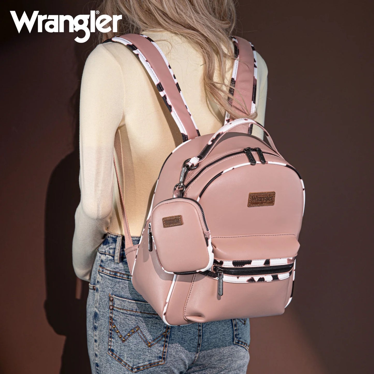 Wrangler Cow Print Decorated Zippered Backpack-Wrangler Women’s Fashion Backpack – Cow Print Decorated Faux Leather Zipper Backpack, Western Style