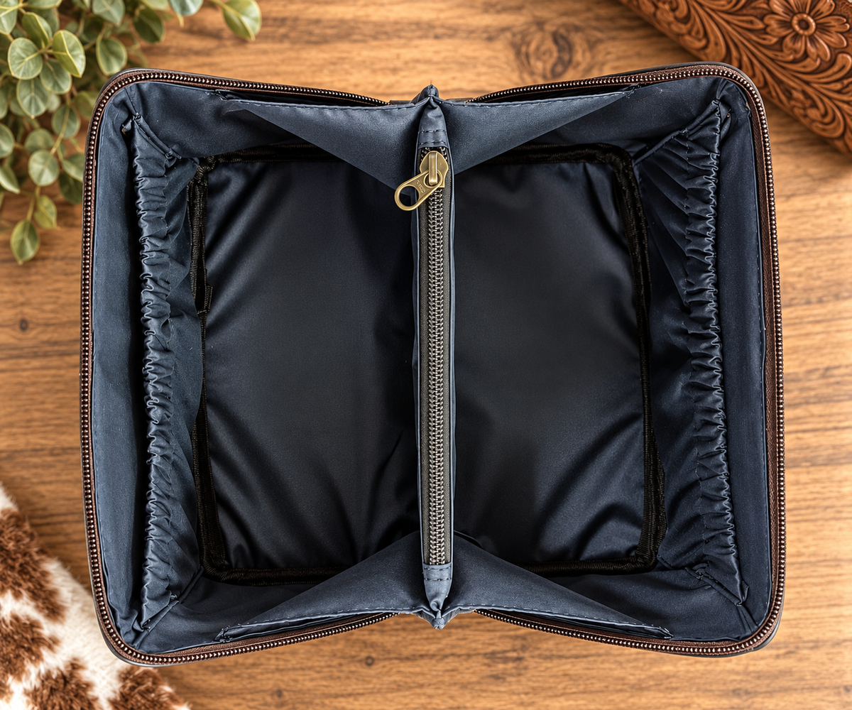 Tooled Leather Western Makeup Case with Crossbody Strap