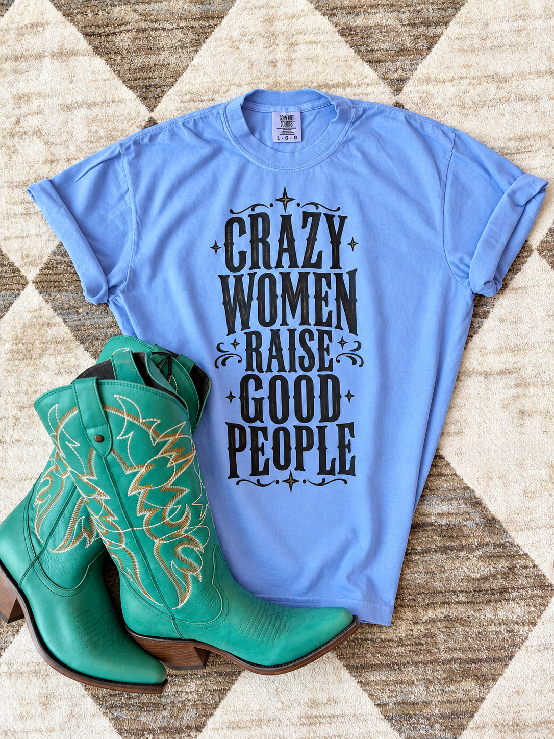 Crazy Women Raise Good People Western Graphic Tee | Blue Comfort Colors