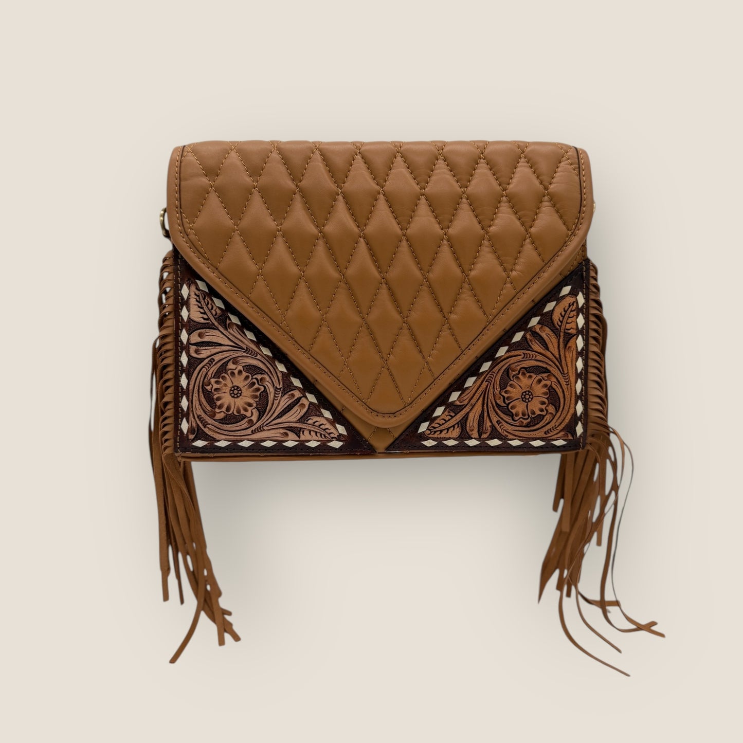 Western Luxe Quilted Hand Tooled Fringe Crossbody Handbag