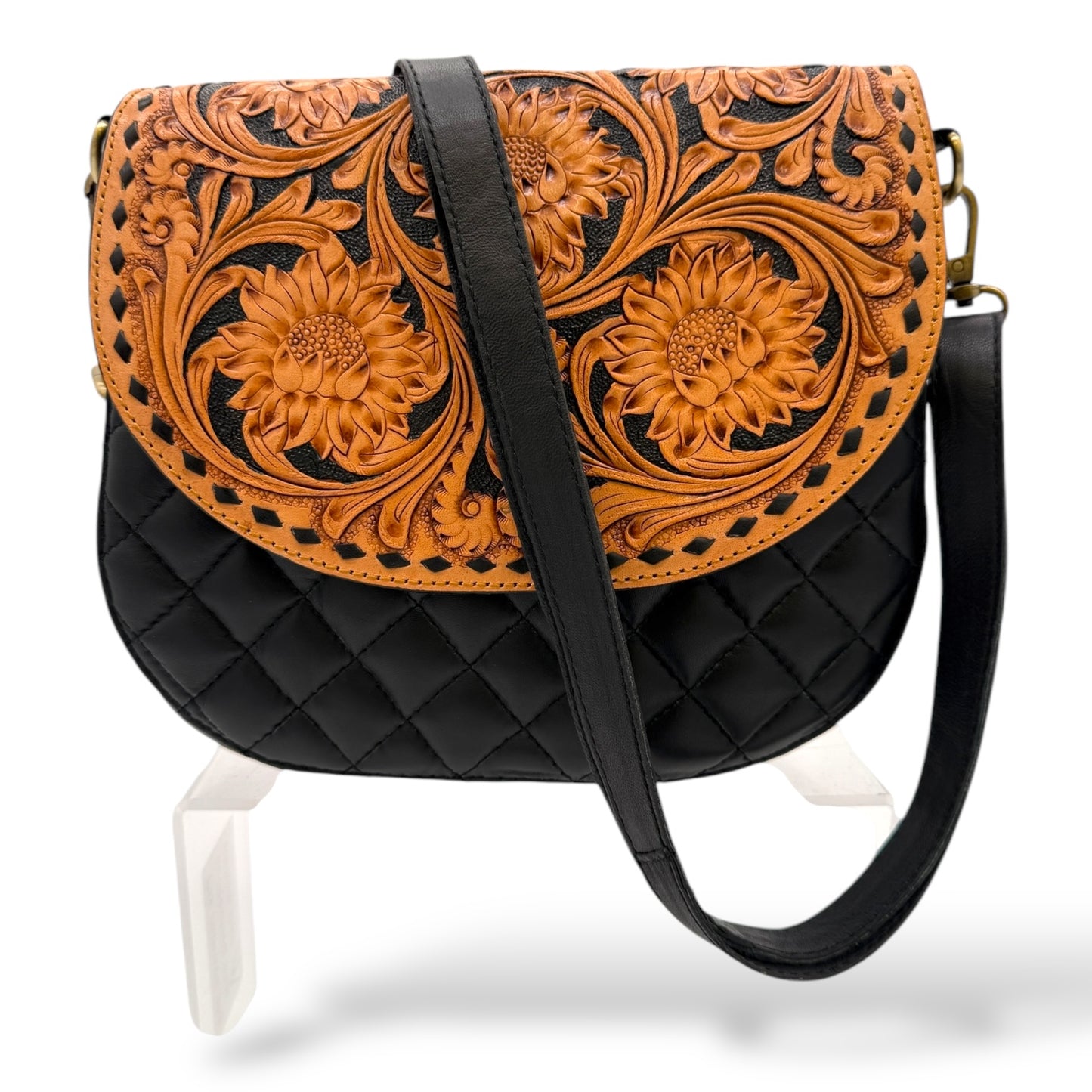 Sunflower Elegance Hand Tooled Leather and Quilted Detail Crossbody Bag