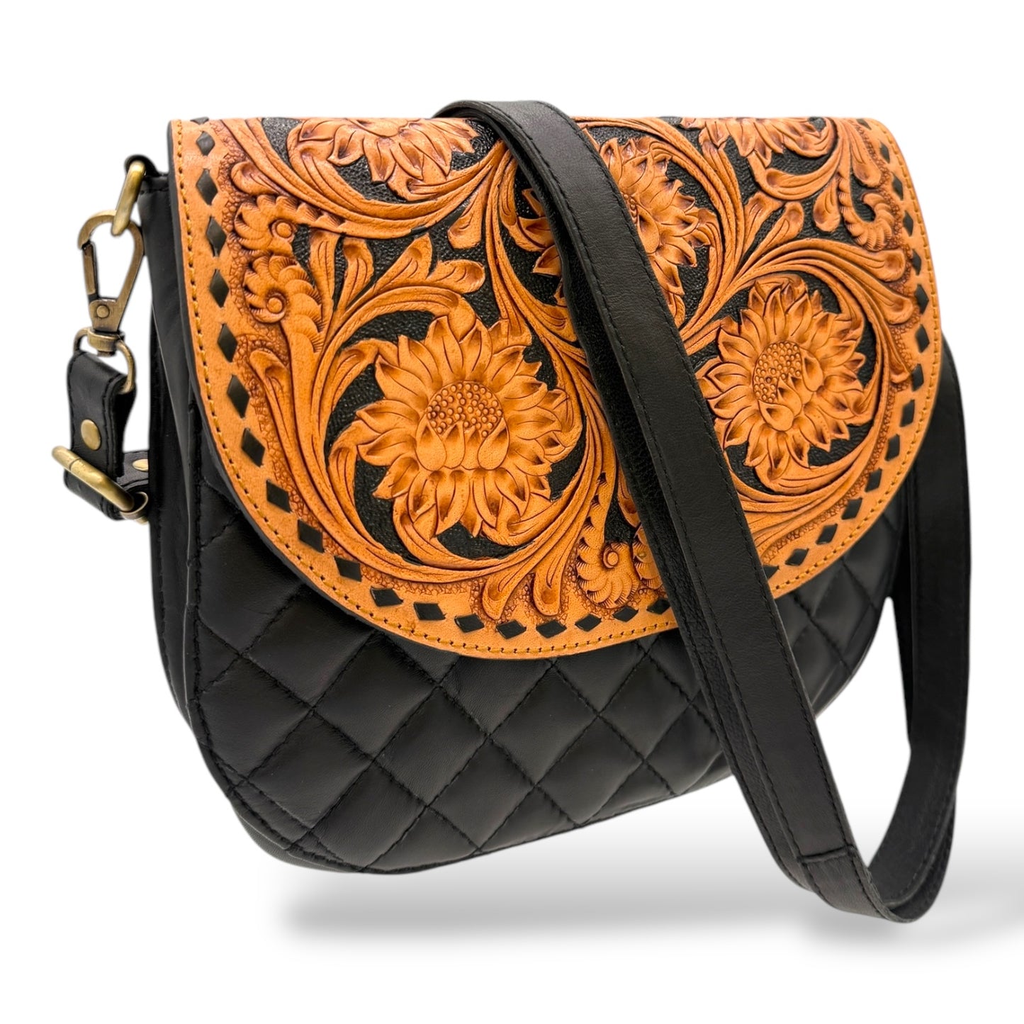 Sunflower Elegance Hand Tooled Leather and Quilted Detail Crossbody Bag