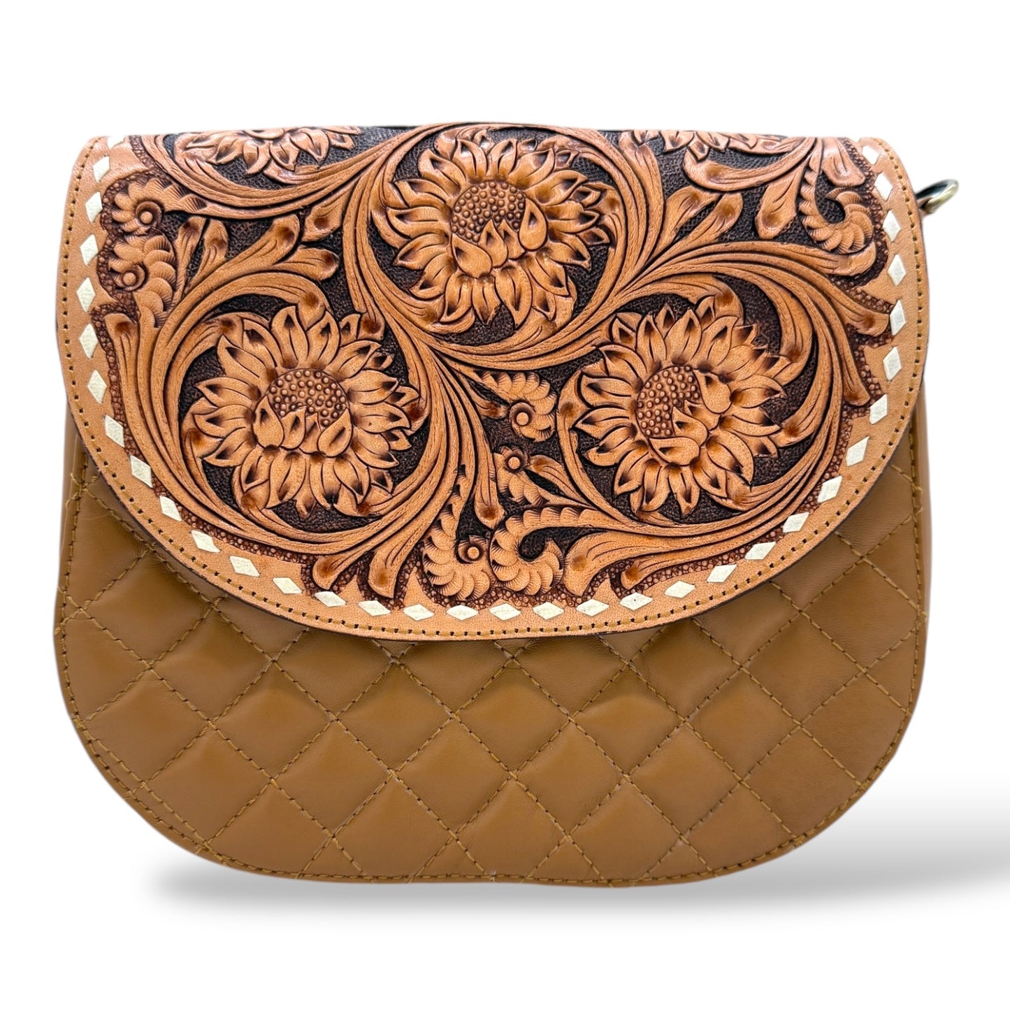 Sunflower Elegance Hand Tooled Leather and Quilted Detail Crossbody Bag