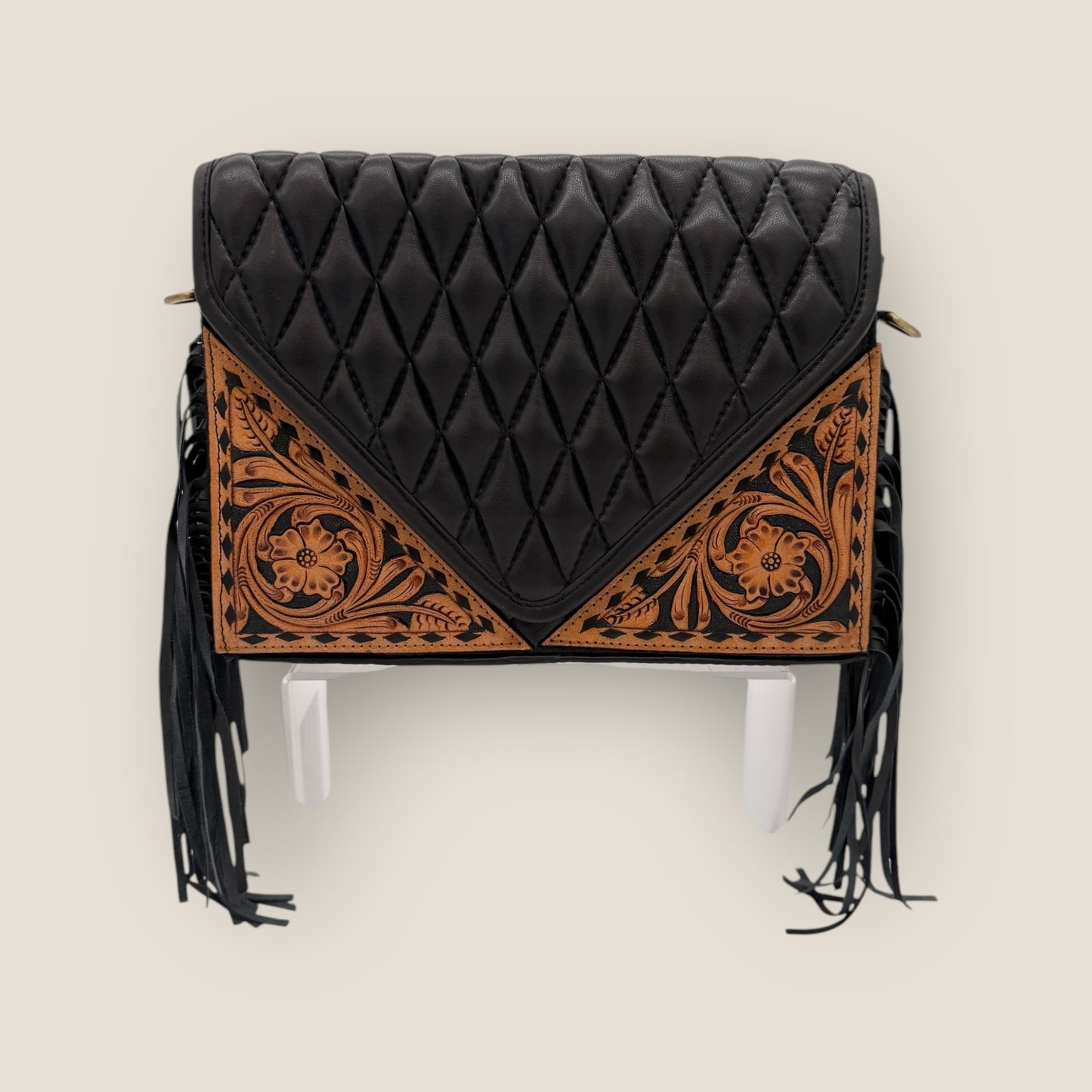 Western Luxe Quilted Hand Tooled Fringe Crossbody Handbag