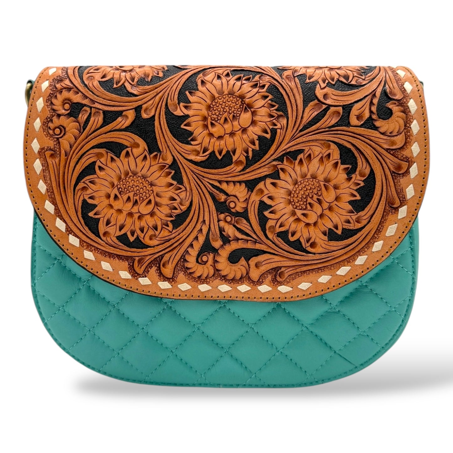 Sunflower Elegance Hand Tooled Leather and Quilted Detail Crossbody Bag