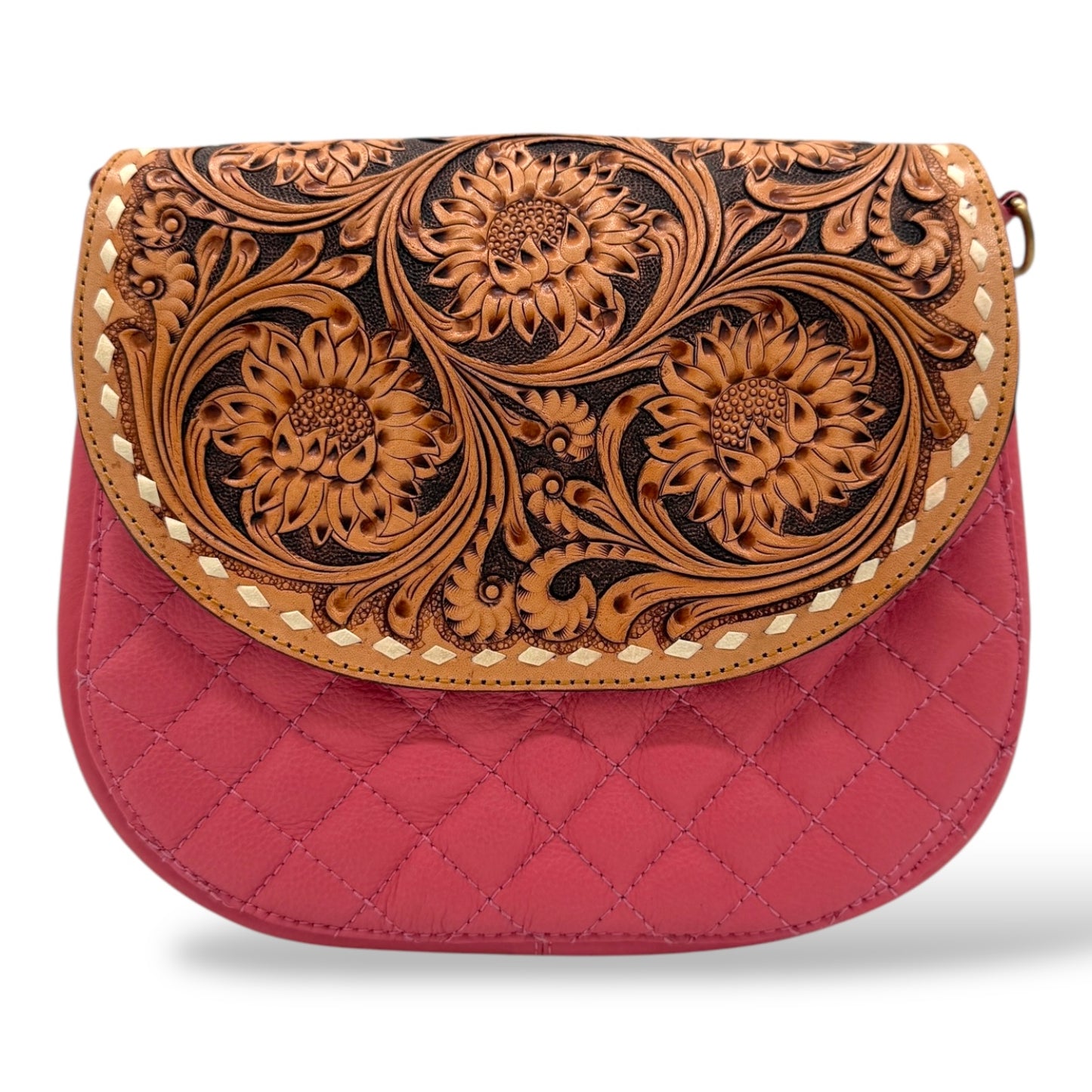 Sunflower Elegance Hand Tooled Leather and Quilted Detail Crossbody Bag