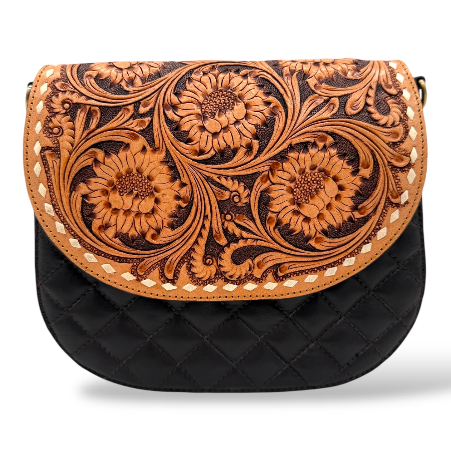 Sunflower Elegance Hand Tooled Leather and Quilted Detail Crossbody Bag