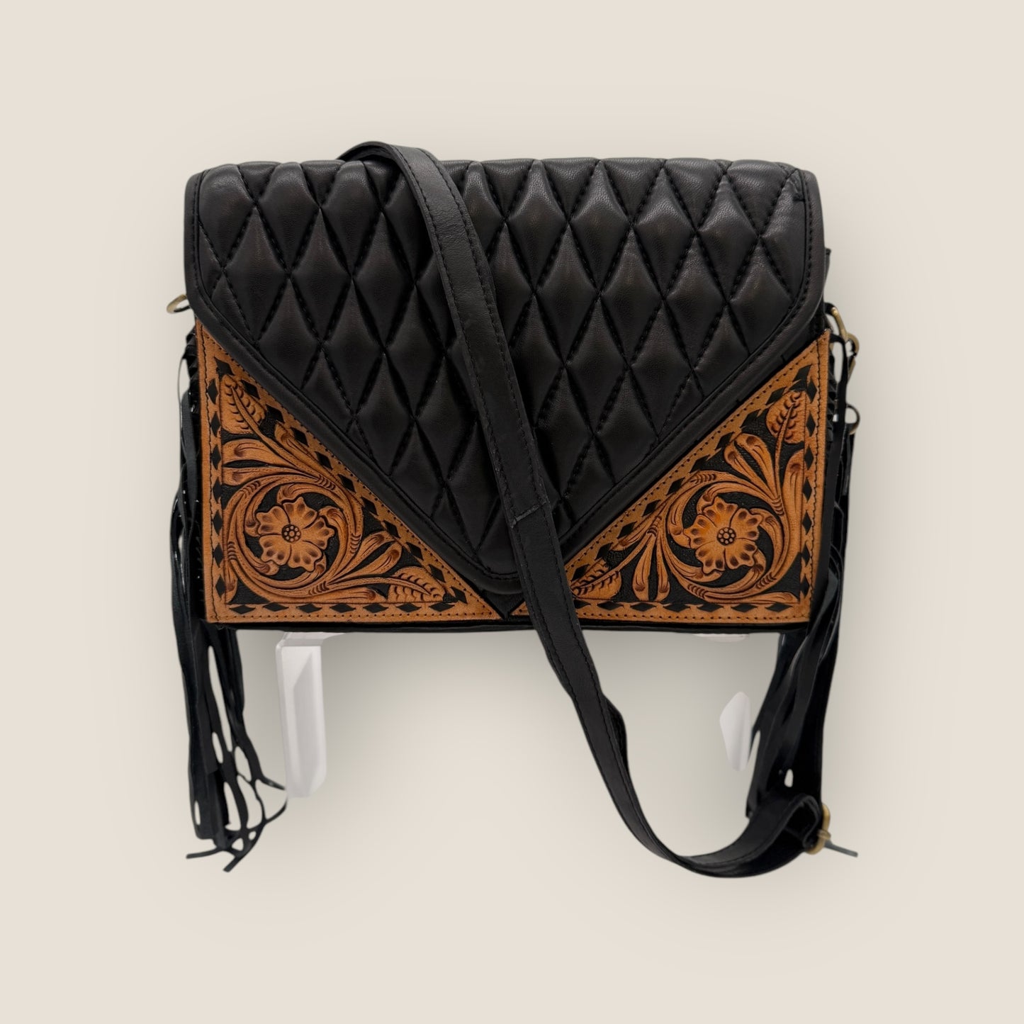 Western Luxe Quilted Hand Tooled Fringe Crossbody Handbag