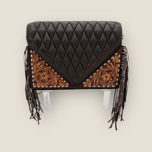 Western Luxe Quilted Hand Tooled Fringe Crossbody Handbag