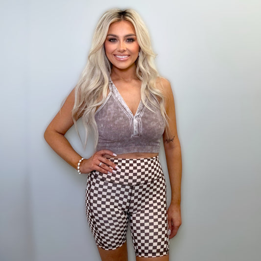 High-Waisted Brown Checkered Biker Shorts