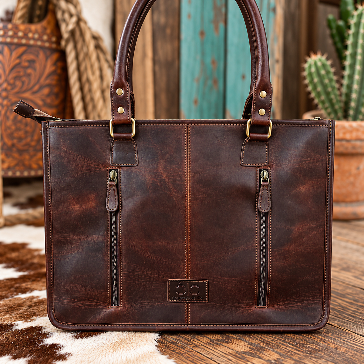 Wild Axis Genuine Cowhide & Hand-Tooled Leather Fringe Tote | Western Concealed Carry Laptop Bag