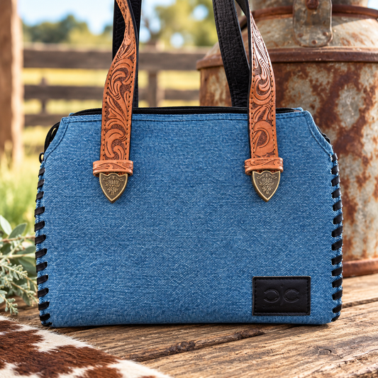 Blue Jean Belle Denim Speedy Bag | Tooled Leather Western Handbag