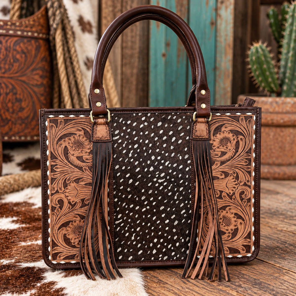 Wild Axis Genuine Cowhide & Hand-Tooled Leather Fringe Tote | Western Concealed Carry Laptop Bag