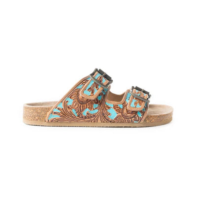 Falling Feather Turquoise and Brown Leather Sandals