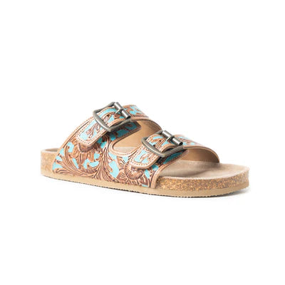 Falling Feather Turquoise and Brown Leather Sandals