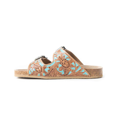 Falling Feather Turquoise and Brown Leather Sandals