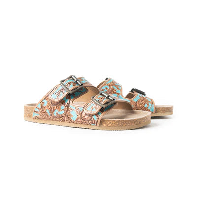 Falling Feather Turquoise and Brown Leather Sandals