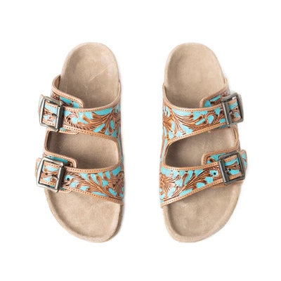 Falling Feather Turquoise and Brown Leather Sandals