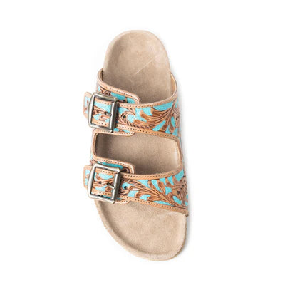 Falling Feather Turquoise and Brown Leather Sandals