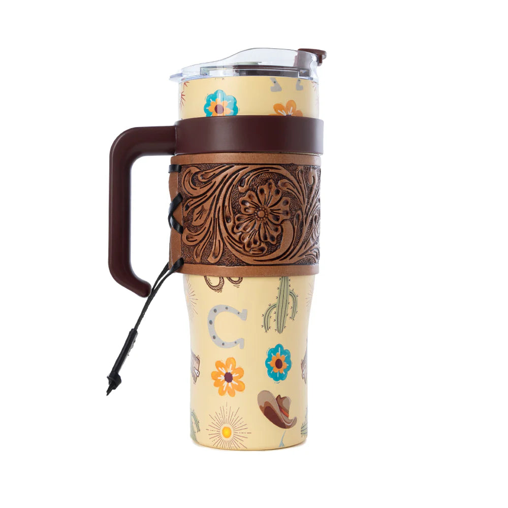 Wyoming Western Insulated Tumbler with Hand Tooled Sleeve by Myra