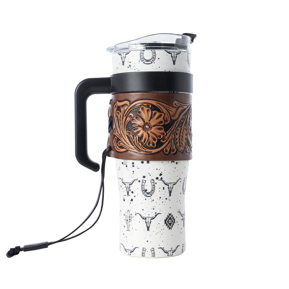 Wyoming Western Insulated Tumbler with Hand Tooled Sleeve by Myra