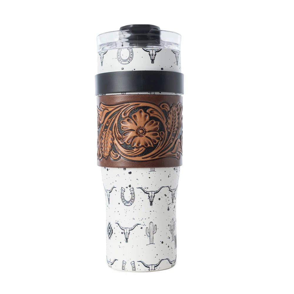 Wyoming Western Insulated Tumbler with Hand Tooled Sleeve by Myra