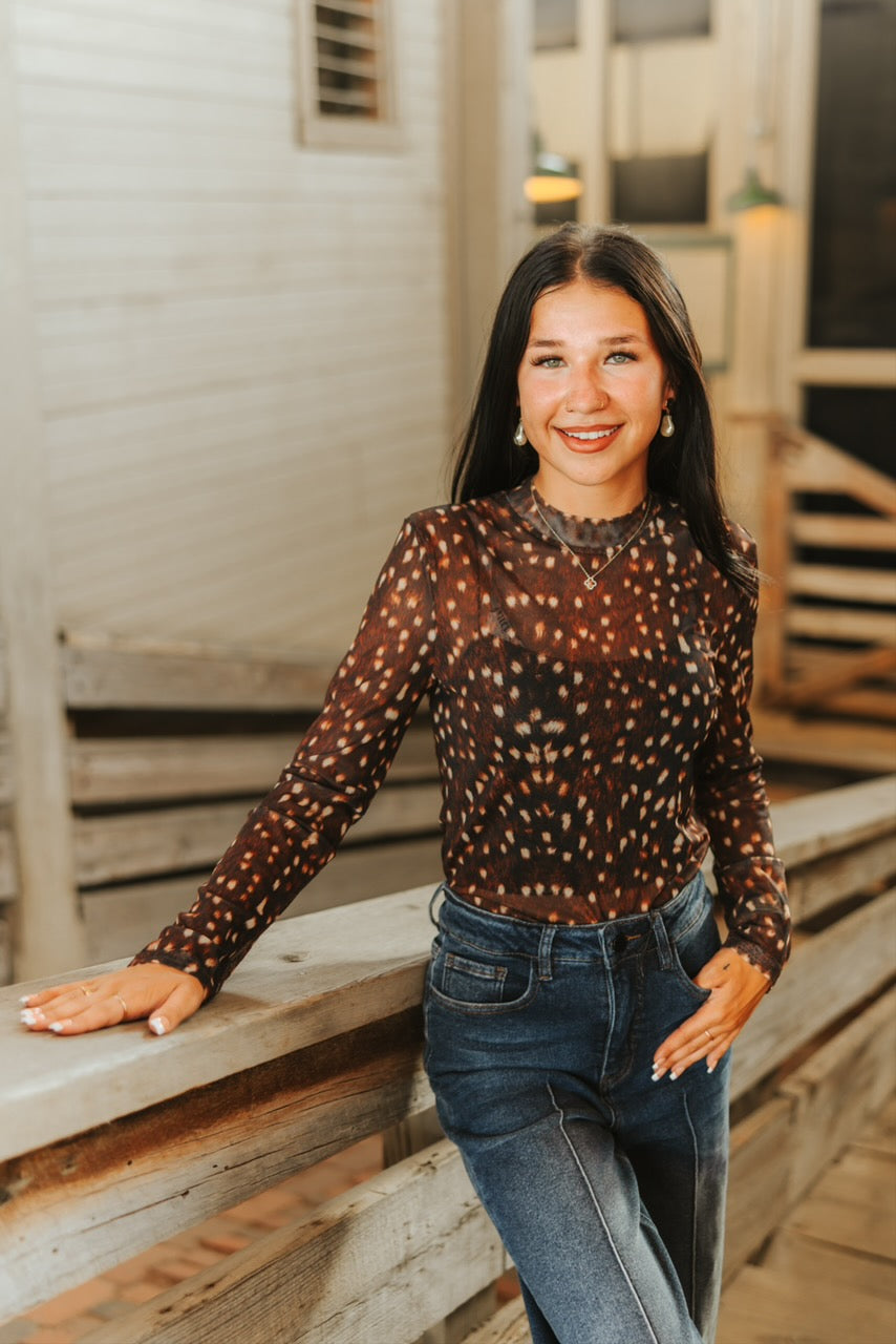 Wild at Heart Deer Print Mesh Top