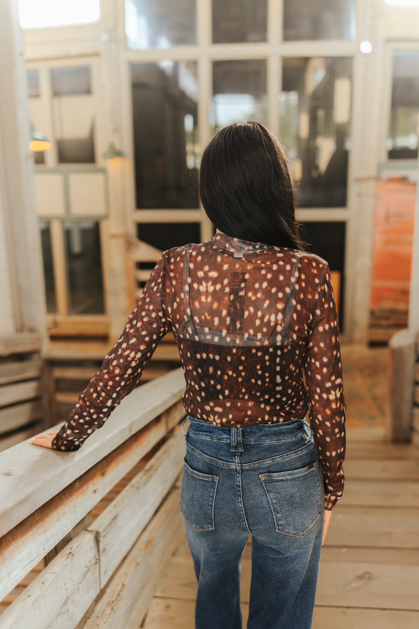 Wild at Heart Deer Print Mesh Top