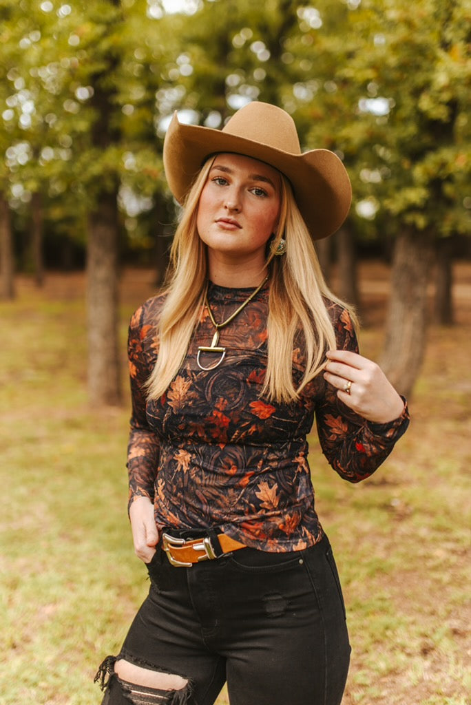 Autumn Leaves W Rust Horseshoe Detail Long Sleeve Mesh Top