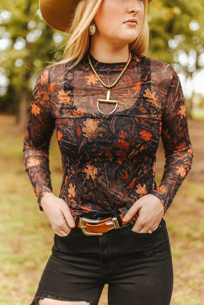 Autumn Leaves W Rust Horseshoe Detail Long Sleeve Mesh Top