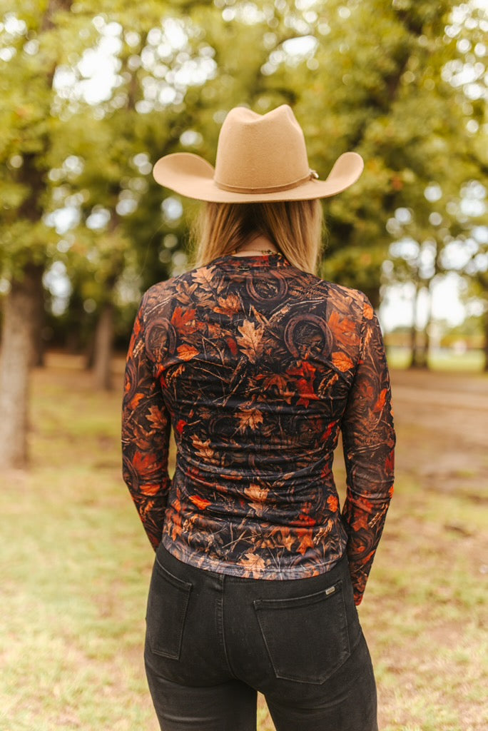 Autumn Leaves W Rust Horseshoe Detail Long Sleeve Mesh Top