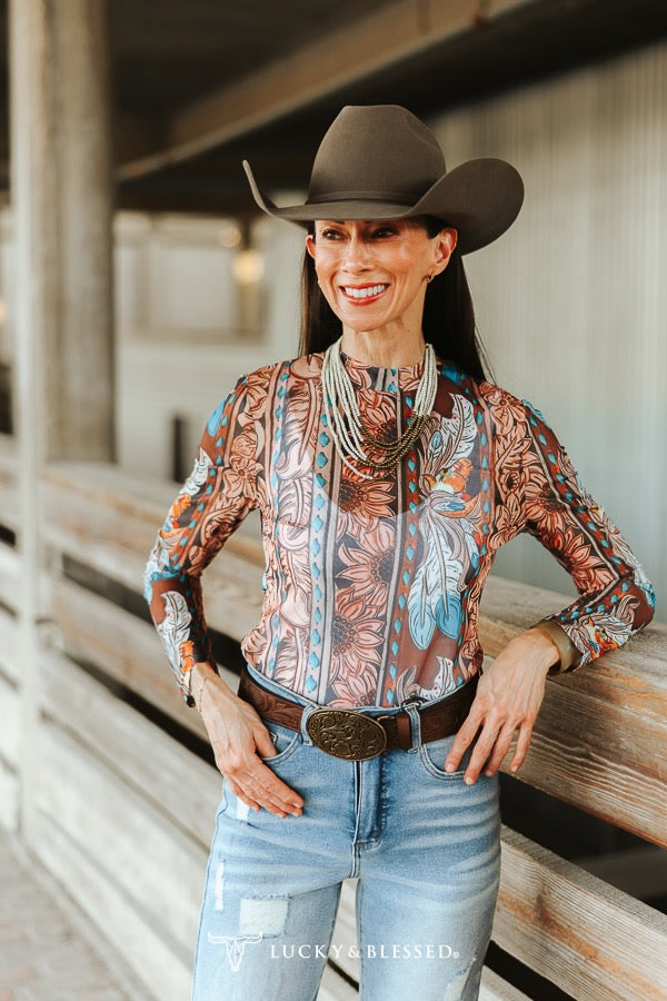 Tooled & Turquoise Western Mesh Top