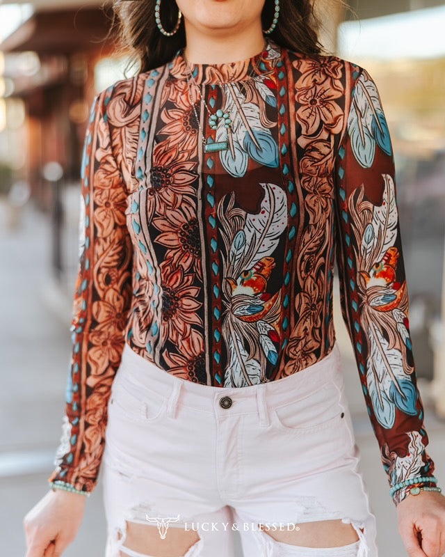 Tooled & Turquoise Western Mesh Top
