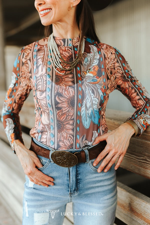 Tooled & Turquoise Western Mesh Top