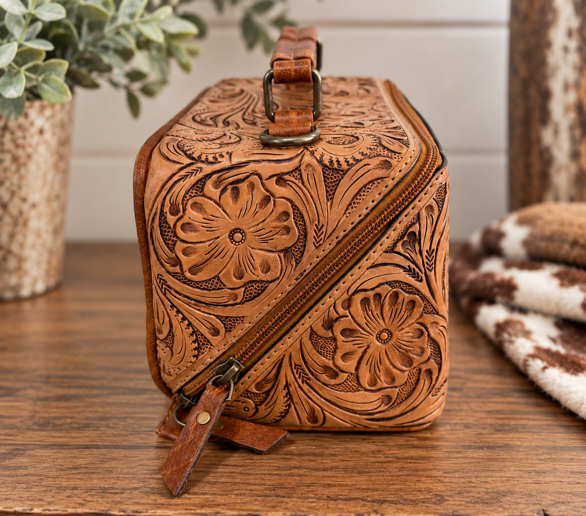 Tooled Leather Western Makeup Case with Crossbody Strap
