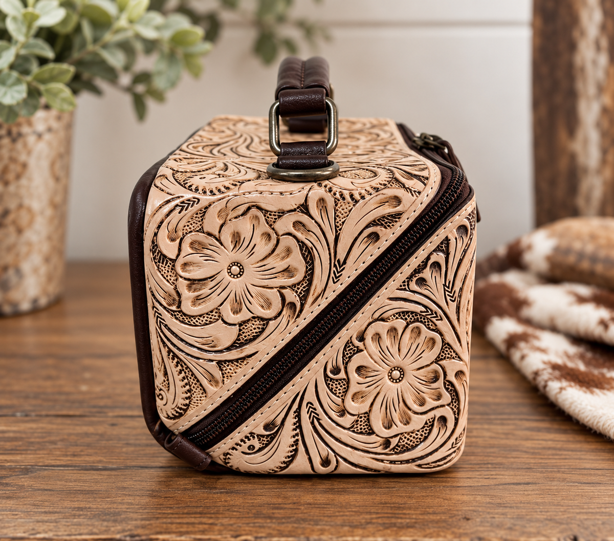 Tooled Leather Western Makeup Case with Crossbody Strap